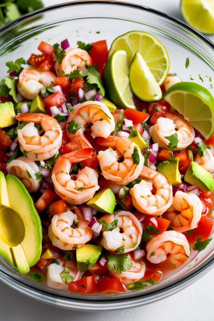 Lime juice cooks the shrimp in ceviche, turning it from translucent to opaque